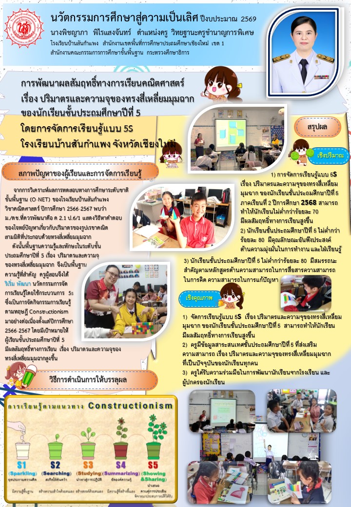 การพัฒนาผลสัมฤทธิ์ทางการเรียนคณิตศาสตร์ เรื่อง ปริมาตรและความจุของทรงสี่เหลี่ยมมุมฉาก ของนักเรียน ชั้นประถมศึกษาปีที่ 5 โดยการจัดการเรียนรู้แบบ 5S โรงเรียนบ้านสันกำแพง จังหวัดเชียงใหม่