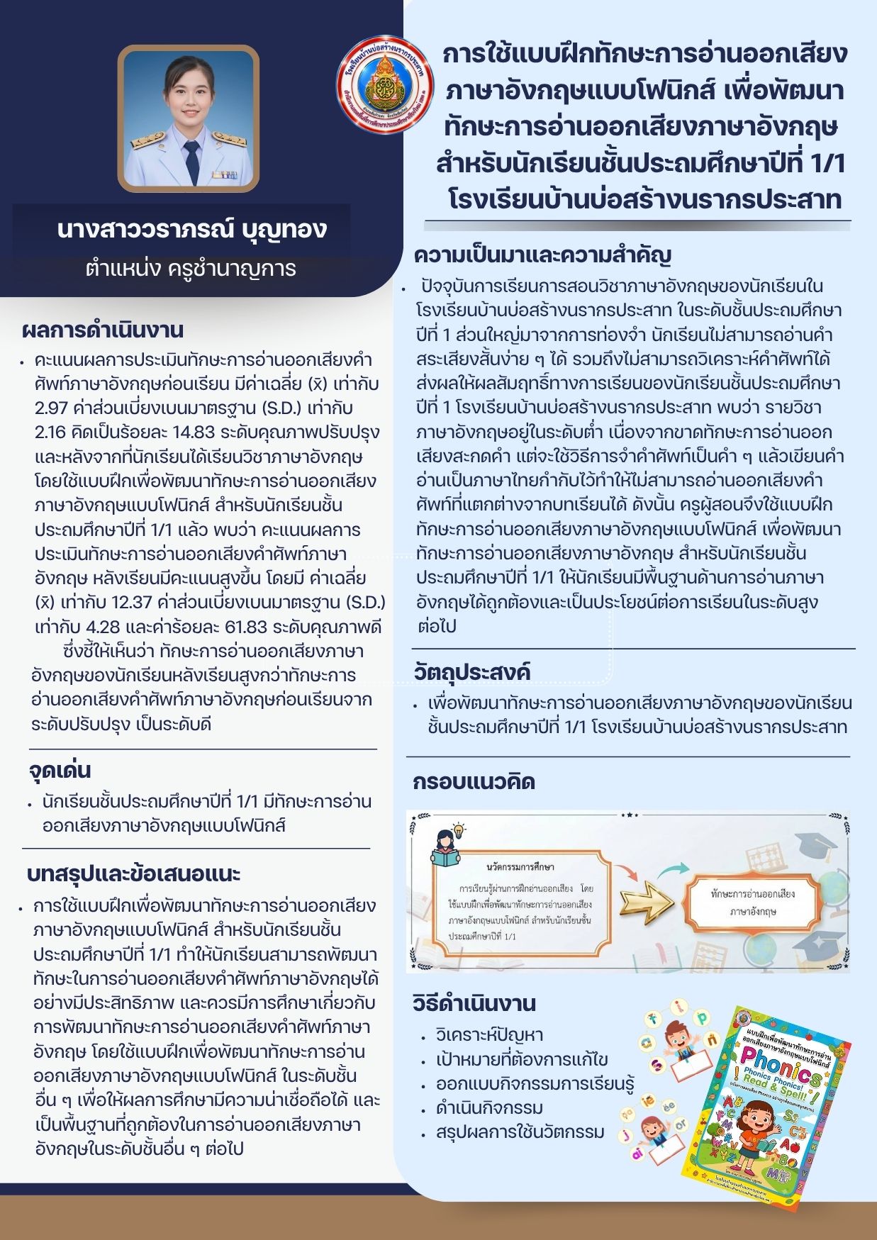 การใช้แบบฝึกทักษะการอ่านออกเสียงภาษาอังกฤษแบบโฟนิกส์ เพื่อพัฒนาทักษะการอ่านออกเสียงภาษาอังกฤษ สําหรับนักเรียนชั้นประถมศึกษาปีที่ 1/1 โรงเรียนบ้านบ่อสร้างนรากรประสาท
