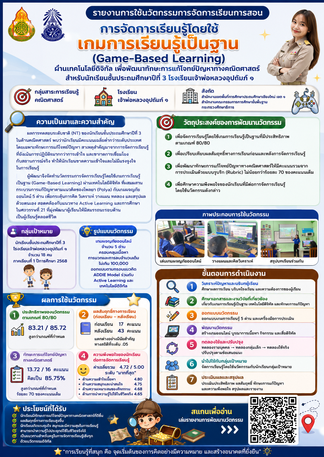 การจัดการเรียนรู้โดยใช้เกมการเรียนรู้เป็นฐาน (Game-Based Learning) ผ่านเทคโนโลยีดิจิทัล เพื่อพัฒนาทักษะการแก้โจทย์ปัญหาทางคณิตศาสตร์ สำหรับนักเรียนชั้นประถมศึกษาปีที่ 3 โรงเรียนเจ้าพ่อหลวงอุปถัมภ์ ๑